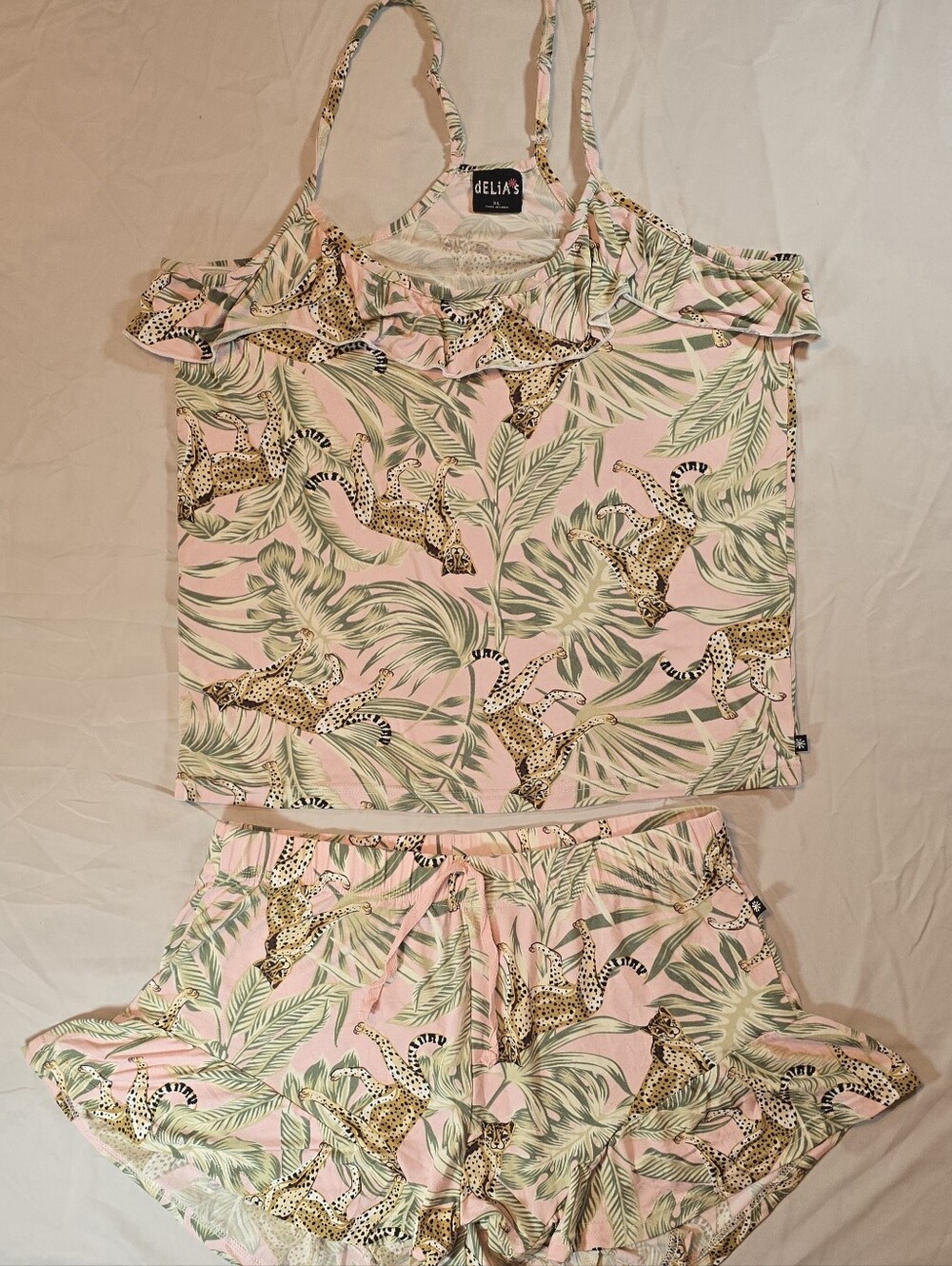 dELiA*s Pink Leopard/Cheetah & Palm Print 2 Piece Pajama Set Cami & Shorts XL